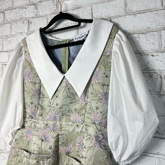 Anthropologie Floral Puff Sleeve Romper - Green and White - Picture 7 of 9